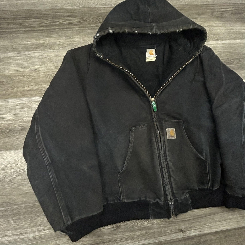 Vintage Carhartt Jacket Mens 2XL Black Hooded Canvas Faded Thrashed J04 BLK 90s