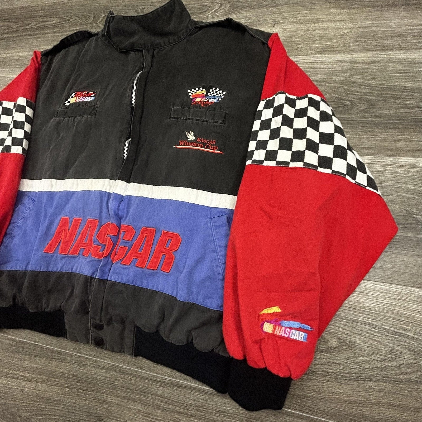 Vintage NASCAR Jacket Mens Large Multi Color Checkered Winston Cup Racing 90s