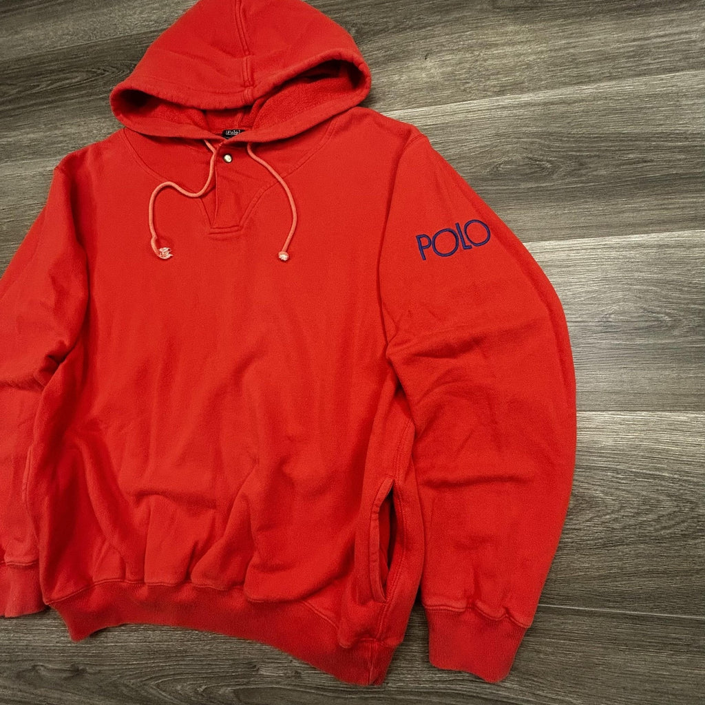 Vintage Polo Ralph Lauren Hoodie Mens M (Yth XL) Orange Henley Logo RARE 80s 90s