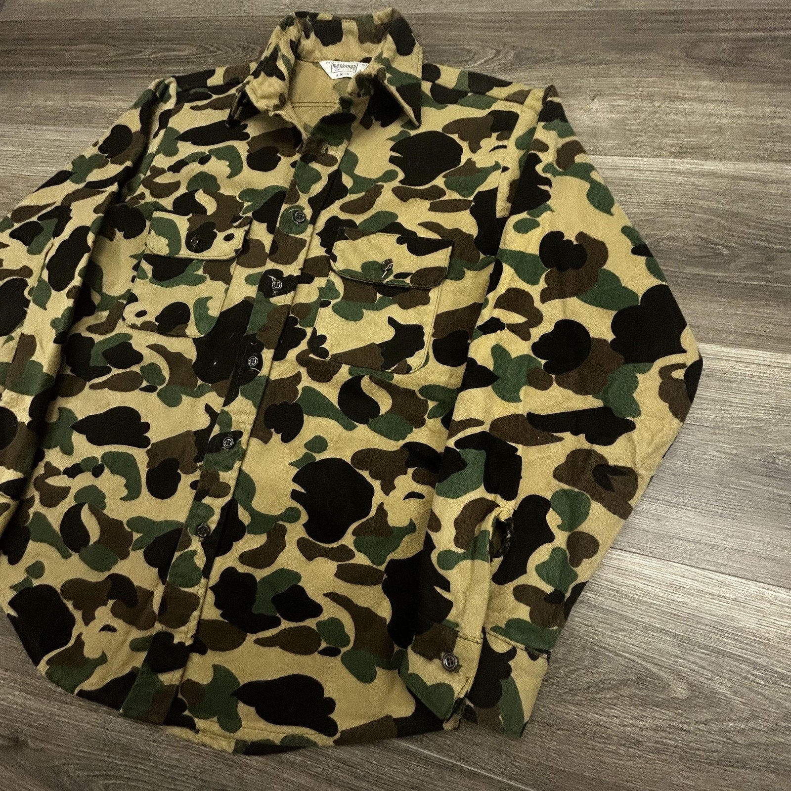 Vintage 70s Duck Camo Chamois Cloth Shirt Mens Medium Five Brothers Made in USA