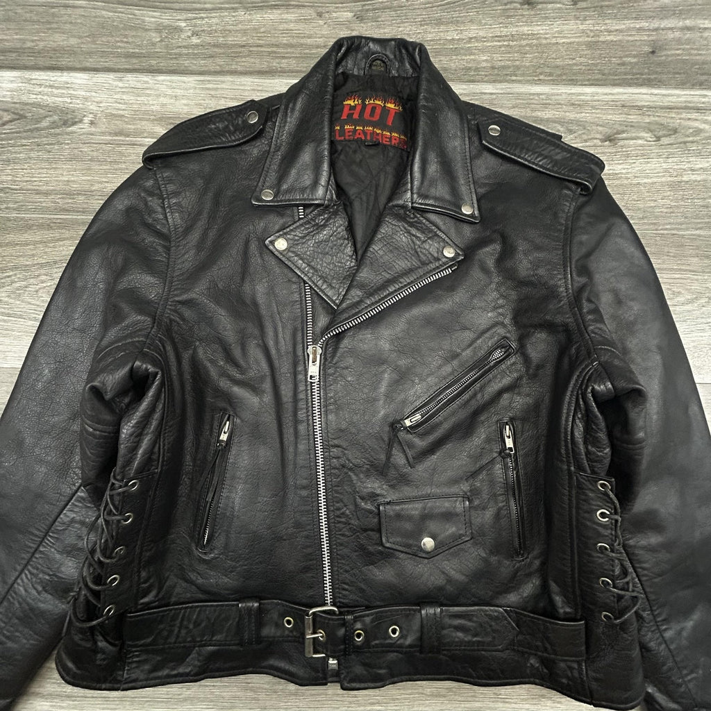Vintage Hot Leathers Jacket Mens 50 Black Motorcycle Biker Belted Side Lace Zip 90s