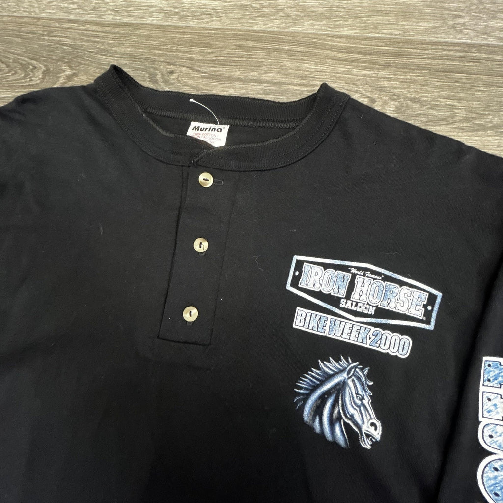 Vintage Iron Horse Saloon Shirt Mens Medium Black Henley Bike Week Long Sleeve