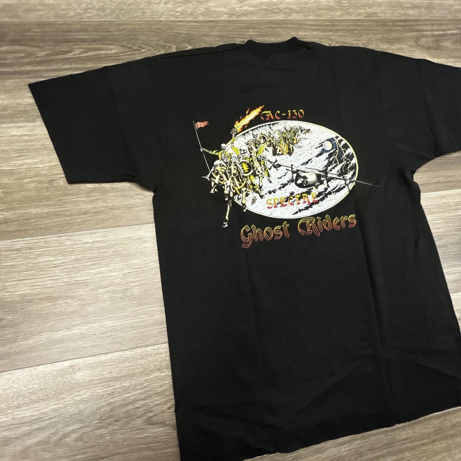 Vintage Ghost Riders Shirt Mens Large Black AC-130 Spectre Military Skeleton USA