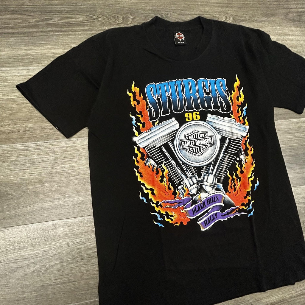 Vintage Harley Davidson Sturgis Shirt Mens Large Black Flames Single Stitch 90s