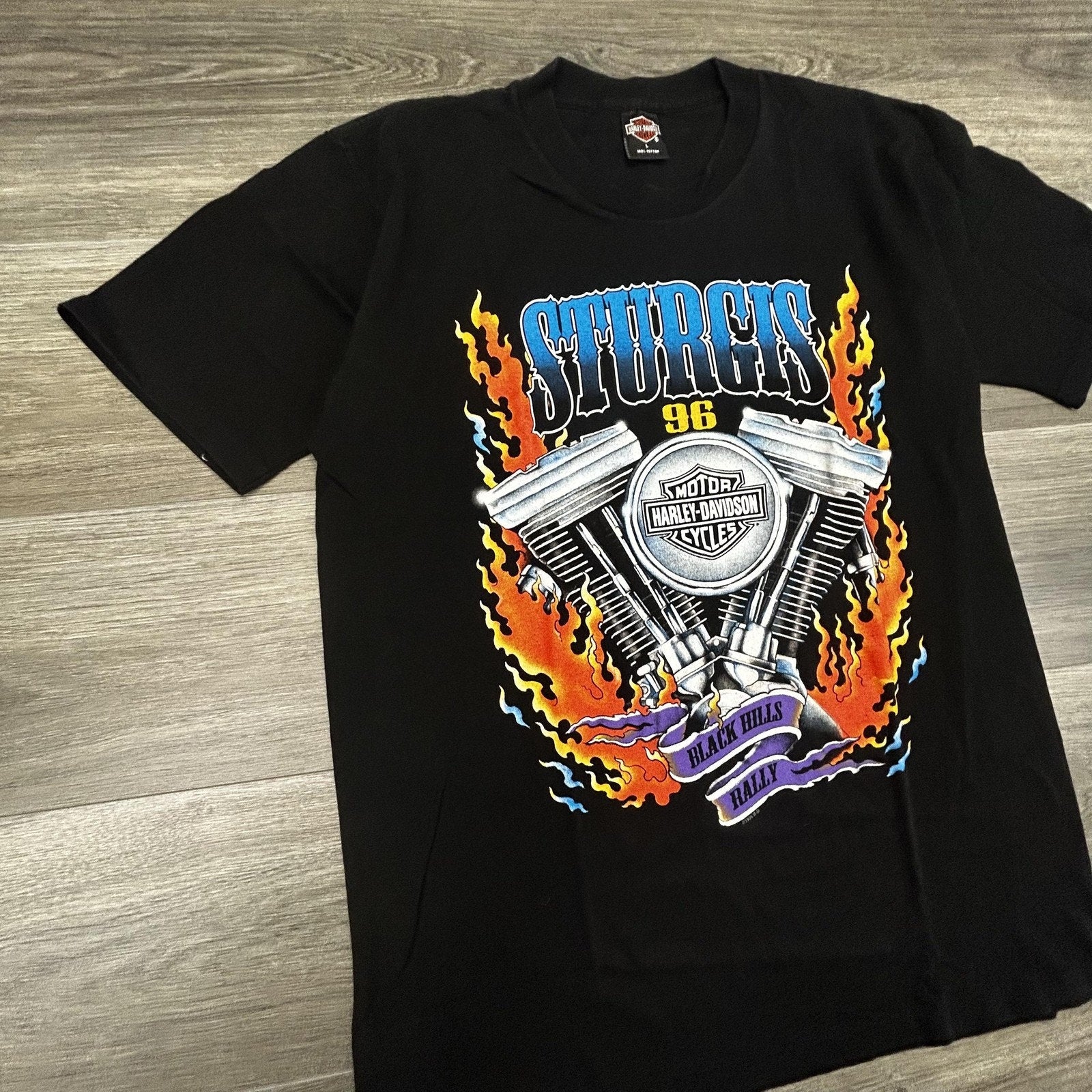 Vintage Harley Davidson Sturgis Shirt Mens Large Black Flames Single Stitch 90s