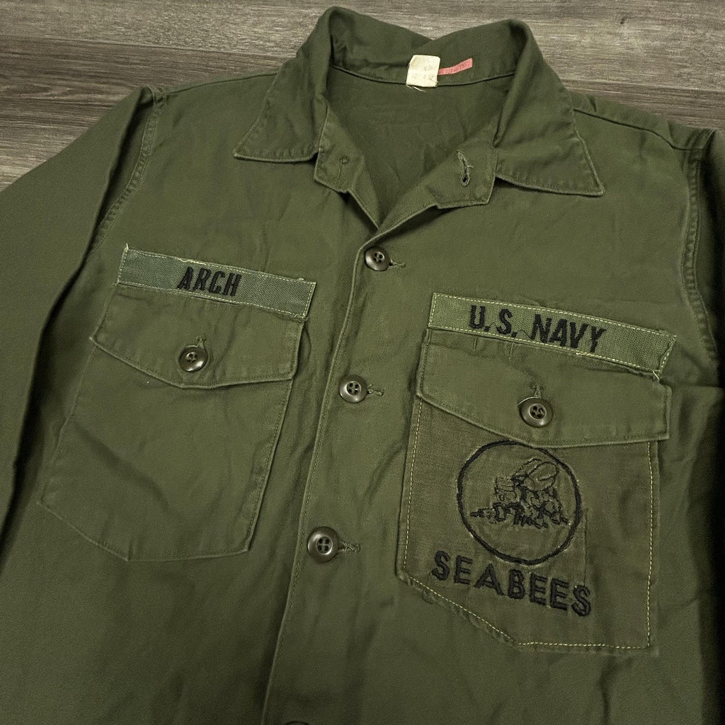 Vintage US Navy Vietnam Shirt Mens LT Green Utility OG-507 Military Seabees 70s