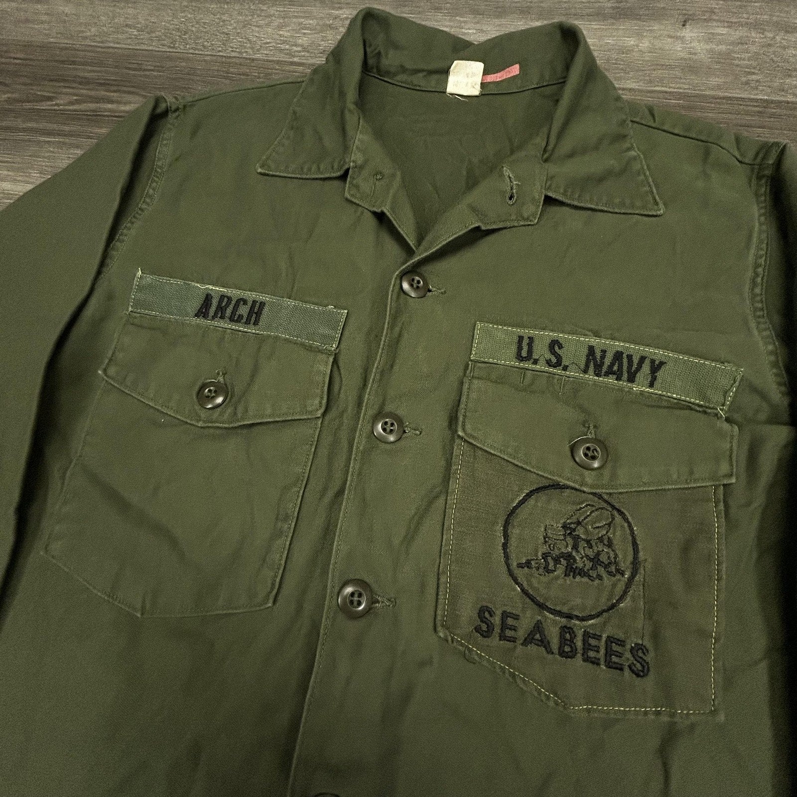 Vintage US Navy Vietnam Shirt Mens LT Green Utility OG-507 Military Seabees 70s