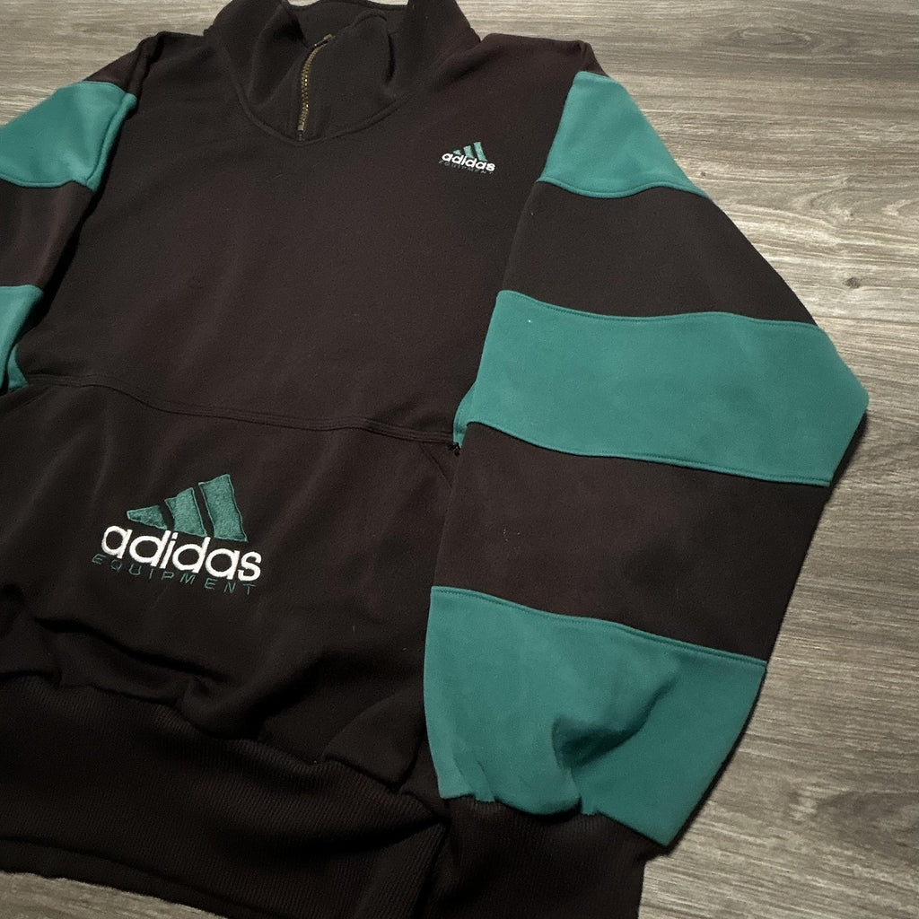 Vintage Adidas Sweatshirt Mens 2XL Black Teal 1/4 Zip Striped Center Logo 90s