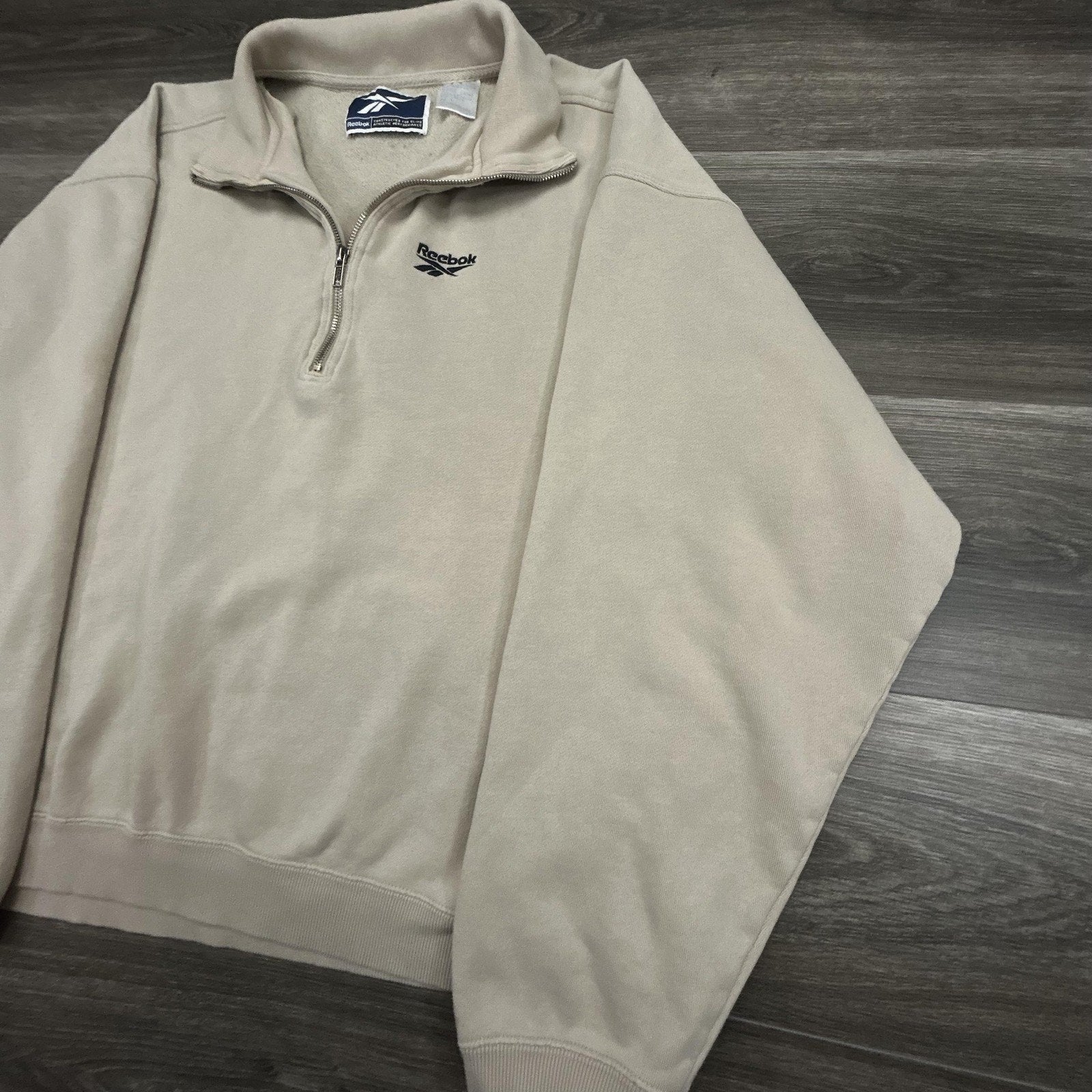Vintage Reebok 1/4 Zip Pullover Sweatshirt Mens Large Beige Mock Neck 90s Jacket