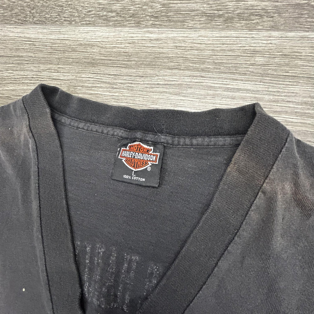 Vintage Harley Davidson Shirt Womens Large Black V-Neck Native 1993 Holoubek USA