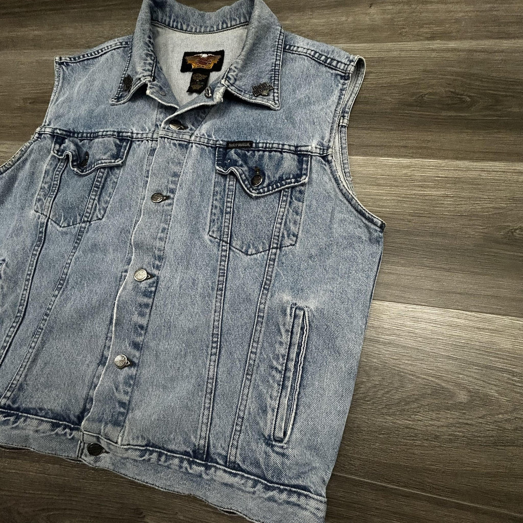 Vintage Harley-Davidson Vest Mens Medium Blue Denim Biker Patches Sturgis Y2K