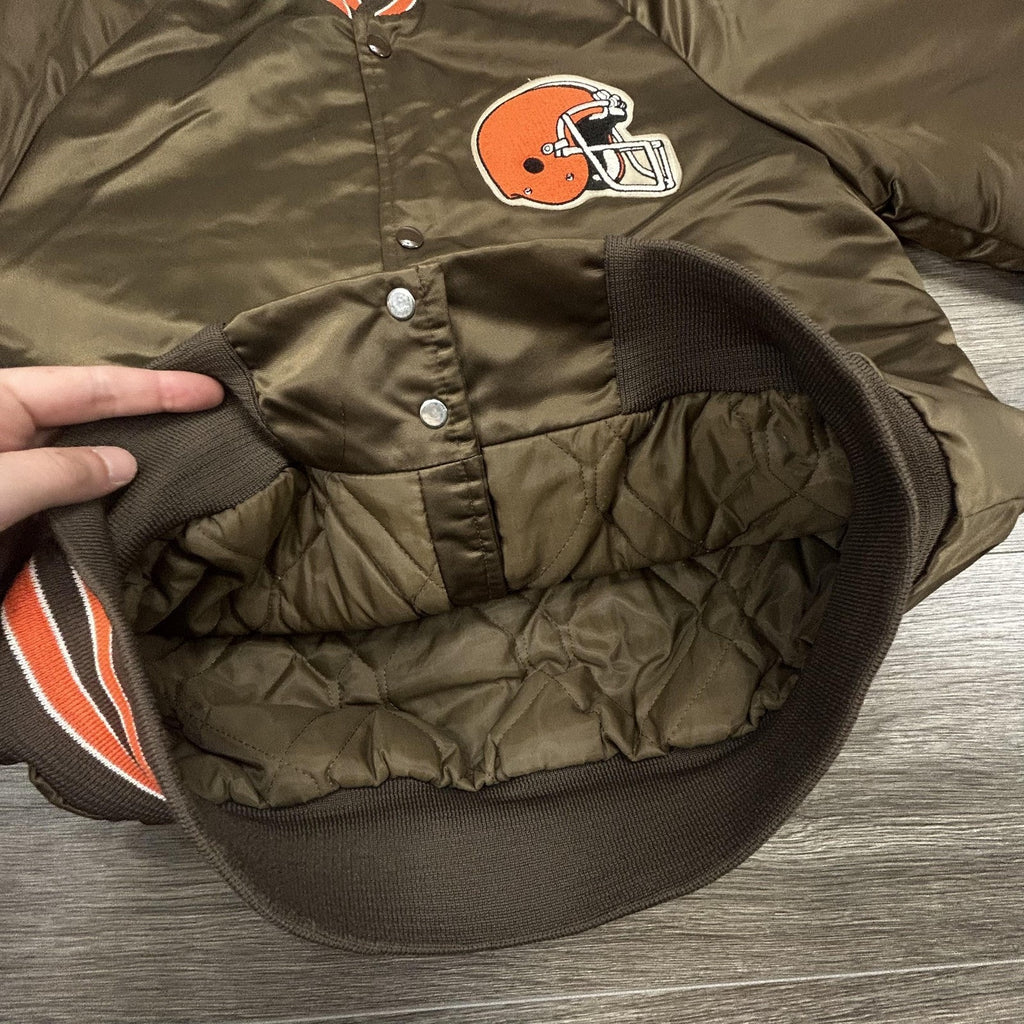 Vintage Cleveland Browns Satin Bomber Jacket Mens Small Brown Chalk Line 90s