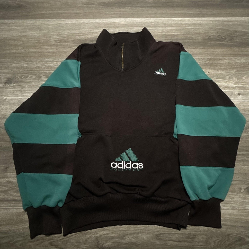 Vintage Adidas Sweatshirt Mens 2XL Black Teal 1/4 Zip Striped Center Logo 90s