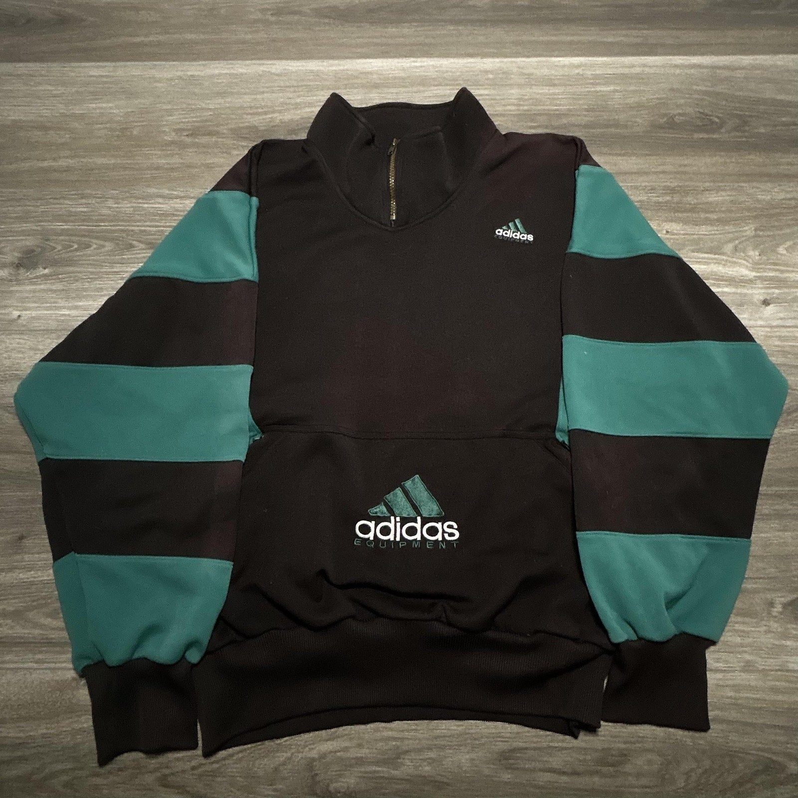 Vintage Adidas Sweatshirt Mens 2XL Black Teal 1/4 Zip Striped Center Logo 90s