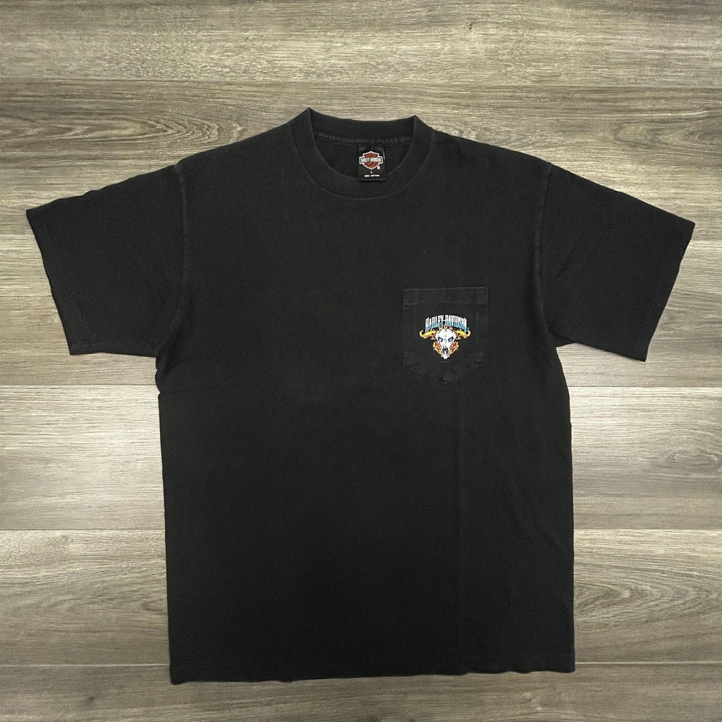 Vintage Harley Davidson Shirt Mens Large Black Pocket Flame Skull Single 90s USA