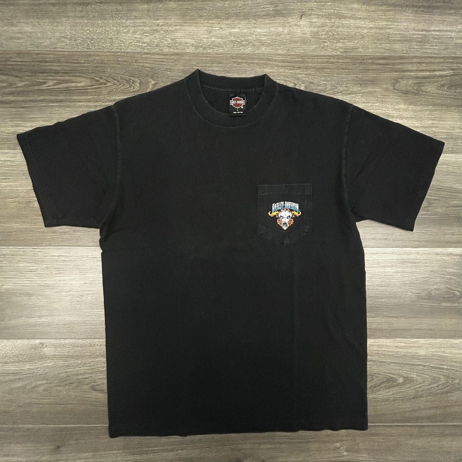 Vintage Harley Davidson Shirt Mens Large Black Pocket Flame Skull Single 90s USA