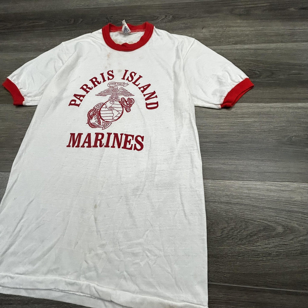 True Vintage 70s USMC Ringer Shirt Mens Medium White Parris Island Marines USA
