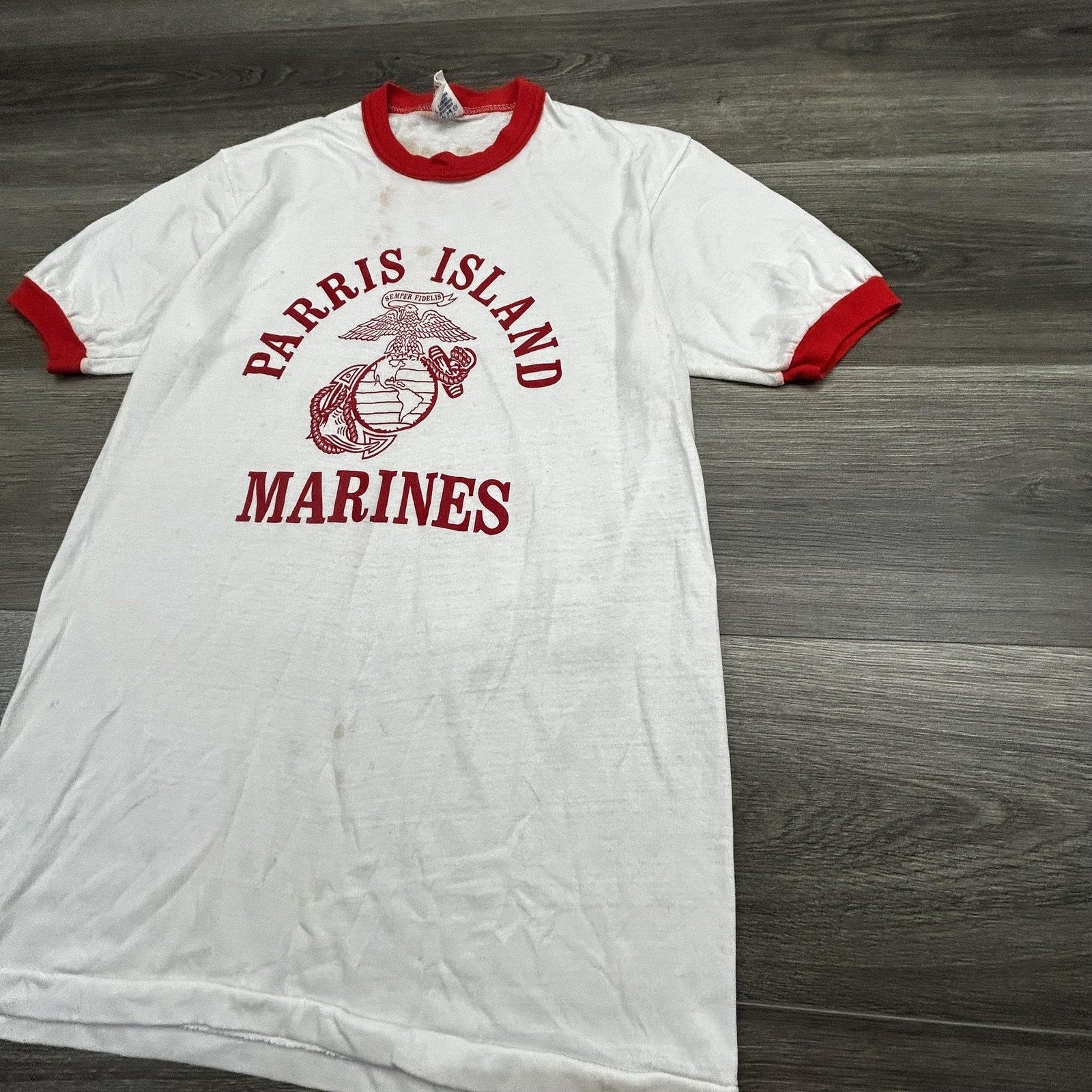 True Vintage 70s USMC Ringer Shirt Mens Medium White Parris Island Marines USA