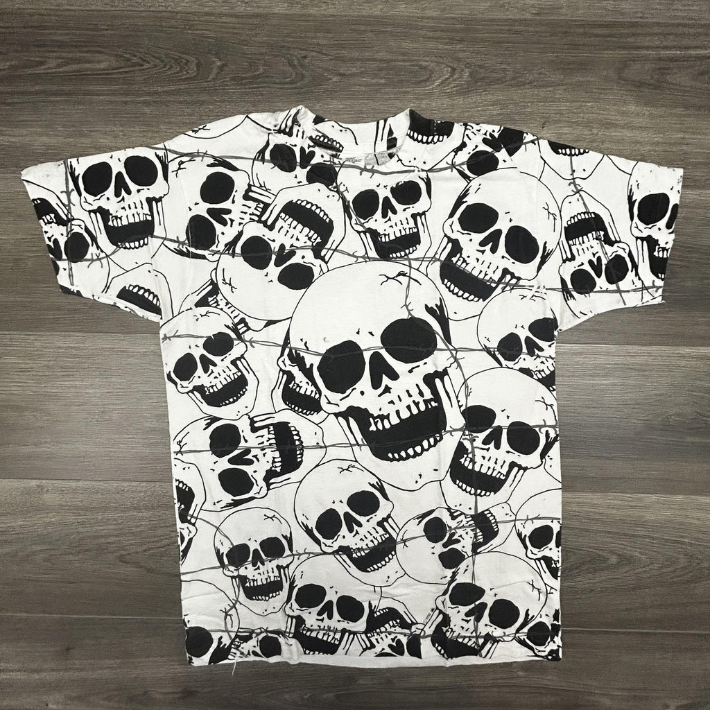 Vintage Skull AOP Shirt Mens Large White Solar-T Biker Punk Single Stitch 90s