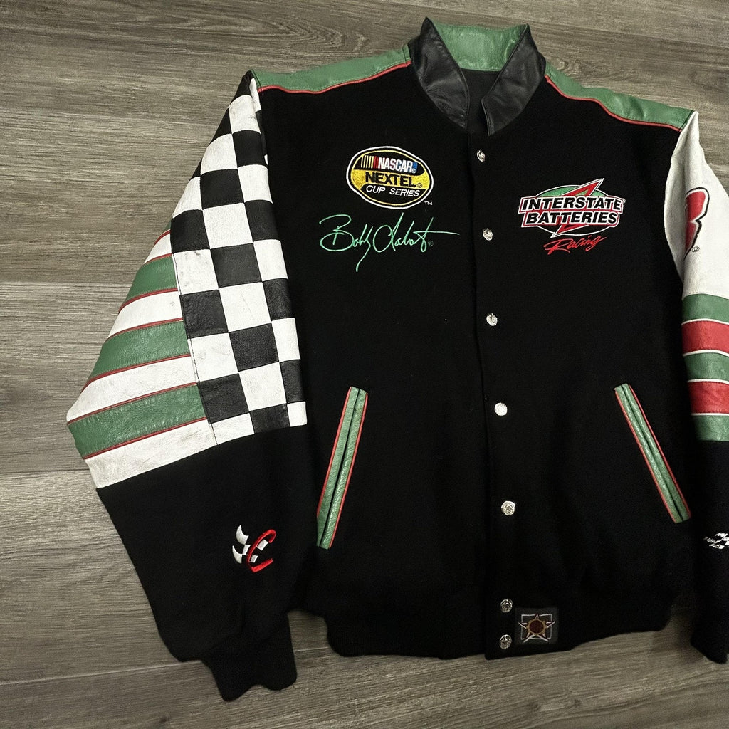 Vintage Nascar Wool Leather Bomber Jacket Mens Medium Bobby Labonte Reversible