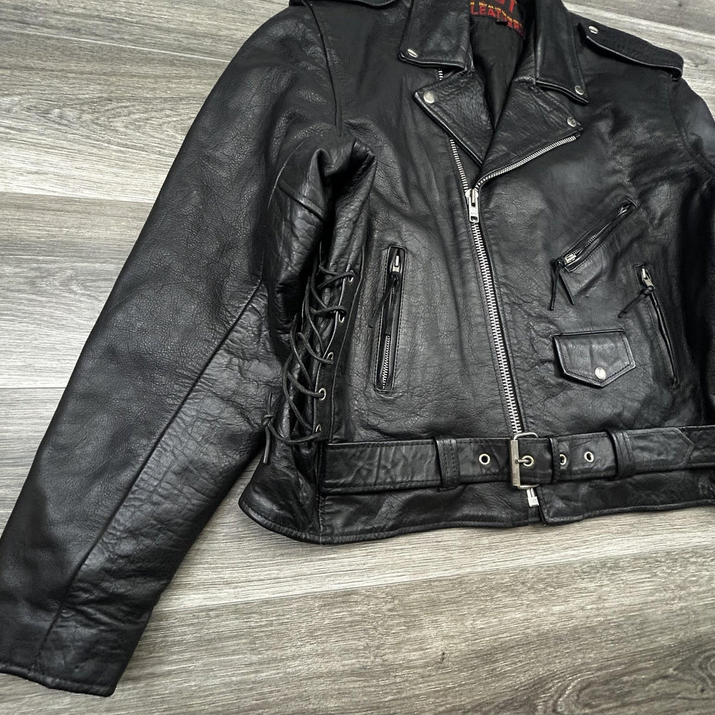 Vintage Hot Leathers Jacket Mens 50 Black Motorcycle Biker Belted Side Lace Zip 90s