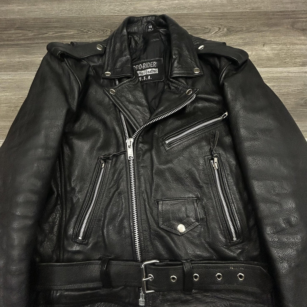 Vintage Pro-Rider Leather Motorcycle Jacket Mens 38 Black Belted Biker Punk 90s
