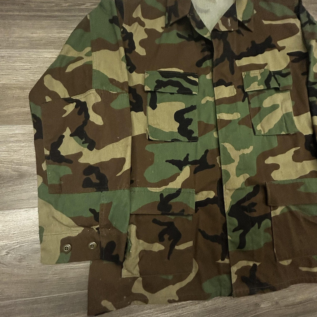 Vintage Army BDU Combat Coat Mens XLT Green Woodland Camo Military Jacket 90s
