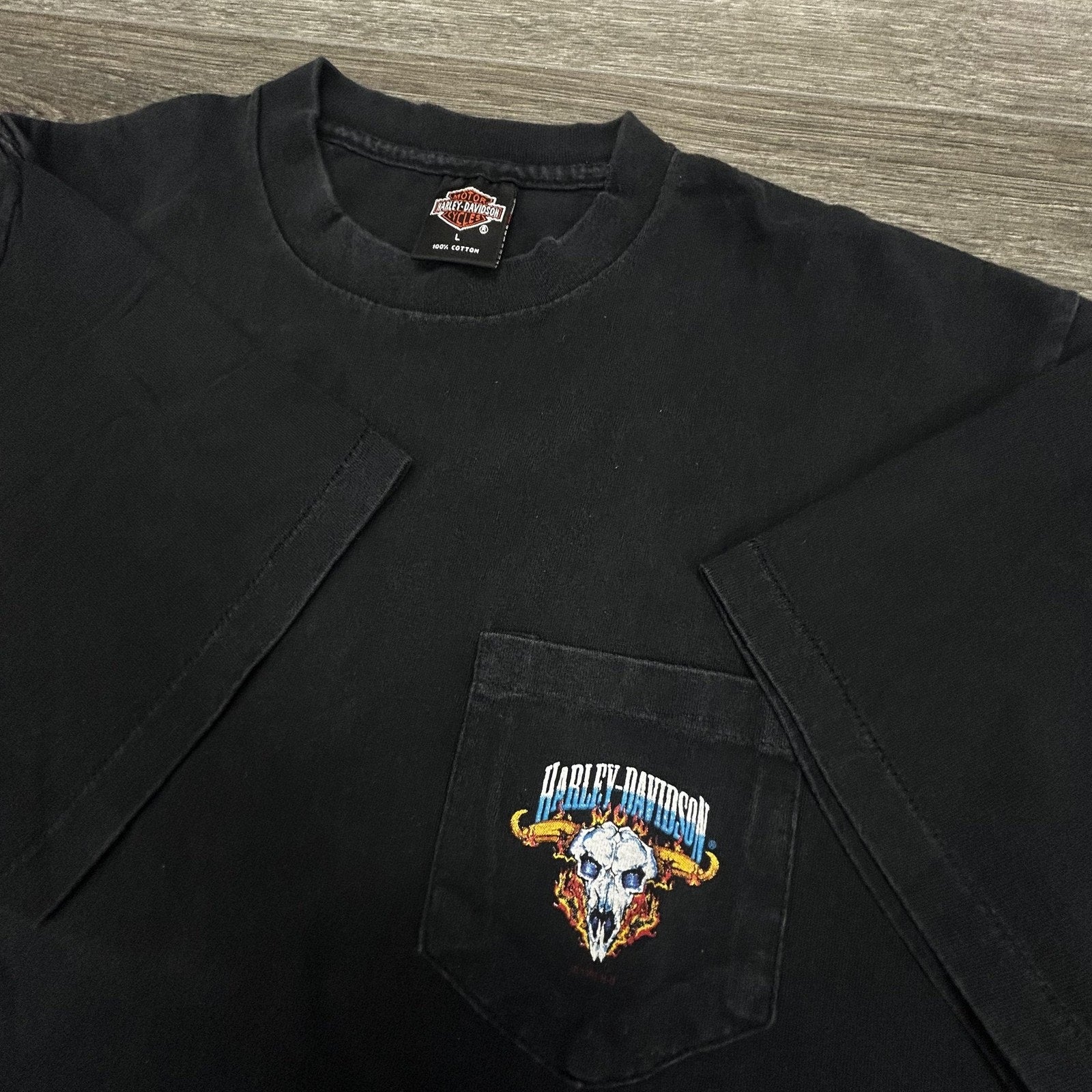 Vintage Harley Davidson Shirt Mens Large Black Pocket Flame Skull Single 90s USA