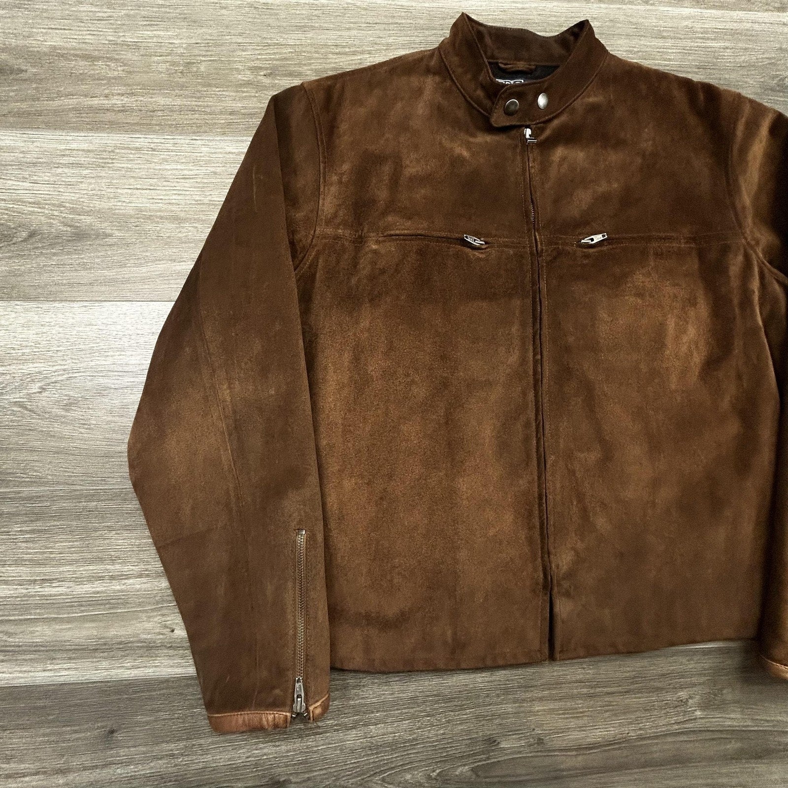 Vintage Polo Ralph Lauren Suede Leather Jacket Mens Large Brown Moto Wool Lined