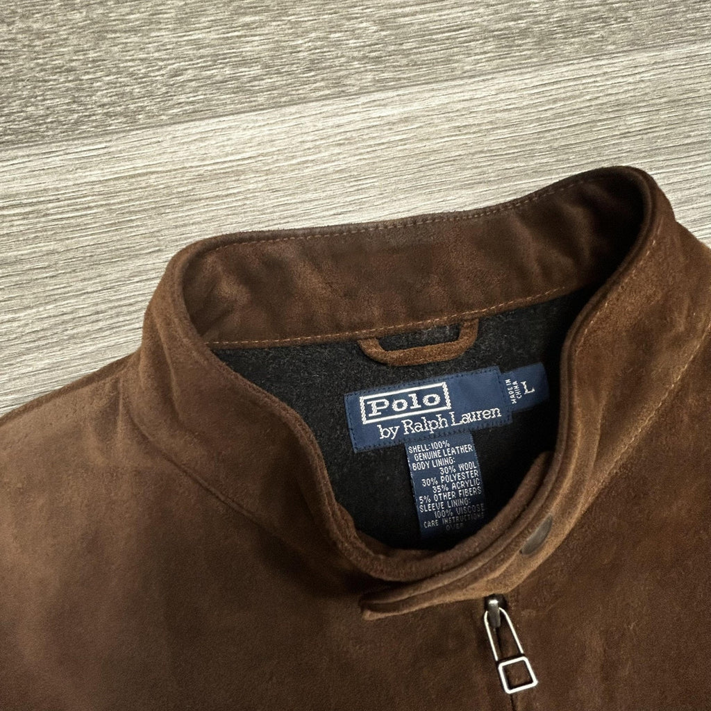 Vintage Polo Ralph Lauren Suede Leather Jacket Mens Large Brown Moto Wool Lined