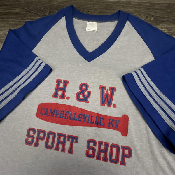 True Vintage 70s Baseball Shirt Mens XL Blue Sports Shop Ringer Raglan Made USA