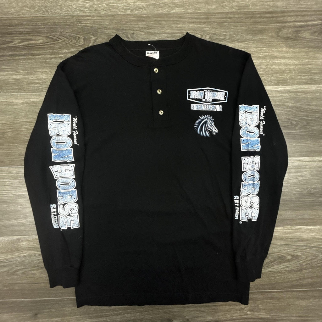 Vintage Iron Horse Saloon Shirt Mens Medium Black Henley Bike Week Long Sleeve