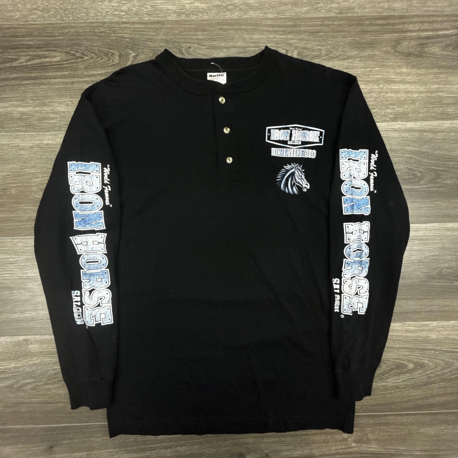 Vintage Iron Horse Saloon Shirt Mens Medium Black Henley Bike Week Long Sleeve