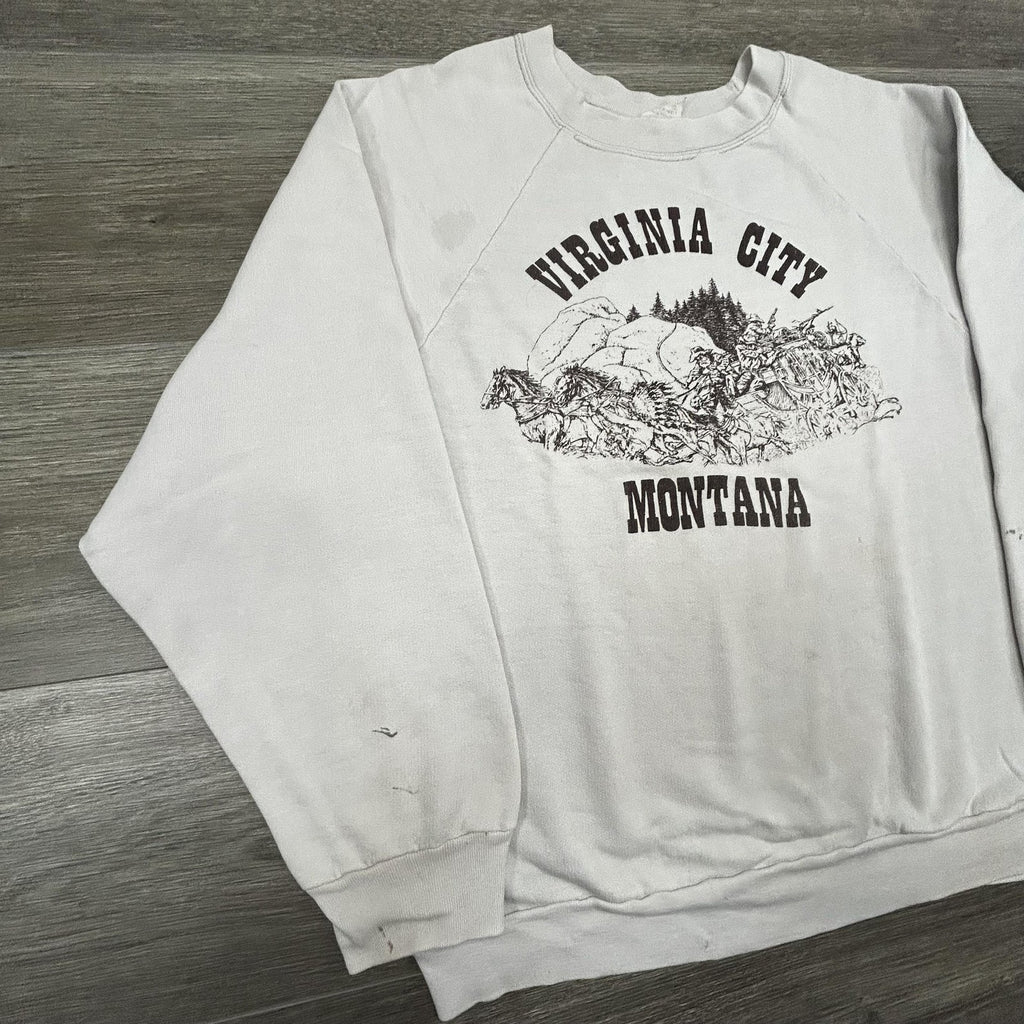 True Vintage 70s Cowboy Indian Sweatshirt Mens XL Gray Virginia City Montana USA