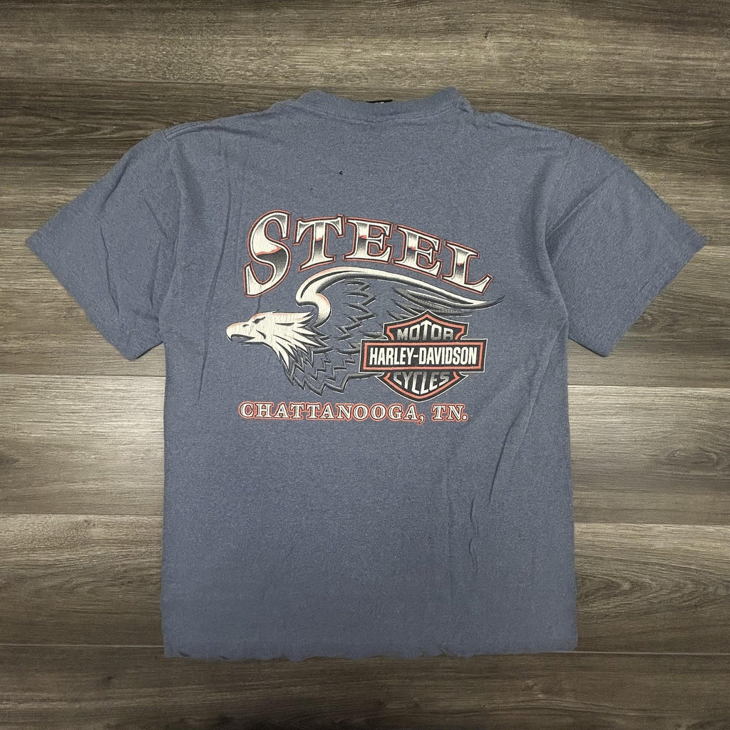 Vintage Harley Davidson Shirt Mens Large Blue Eagle Chrome SIngle Stitch 90s USA