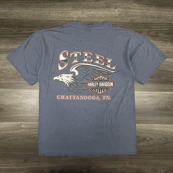 Vintage Harley Davidson Shirt Mens Large Blue Eagle Chrome SIngle Stitch 90s USA