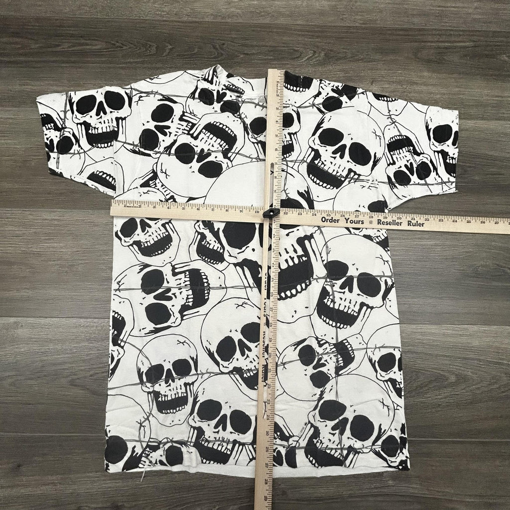 Vintage Skull AOP Shirt Mens Large White Solar-T Biker Punk Single Stitch 90s