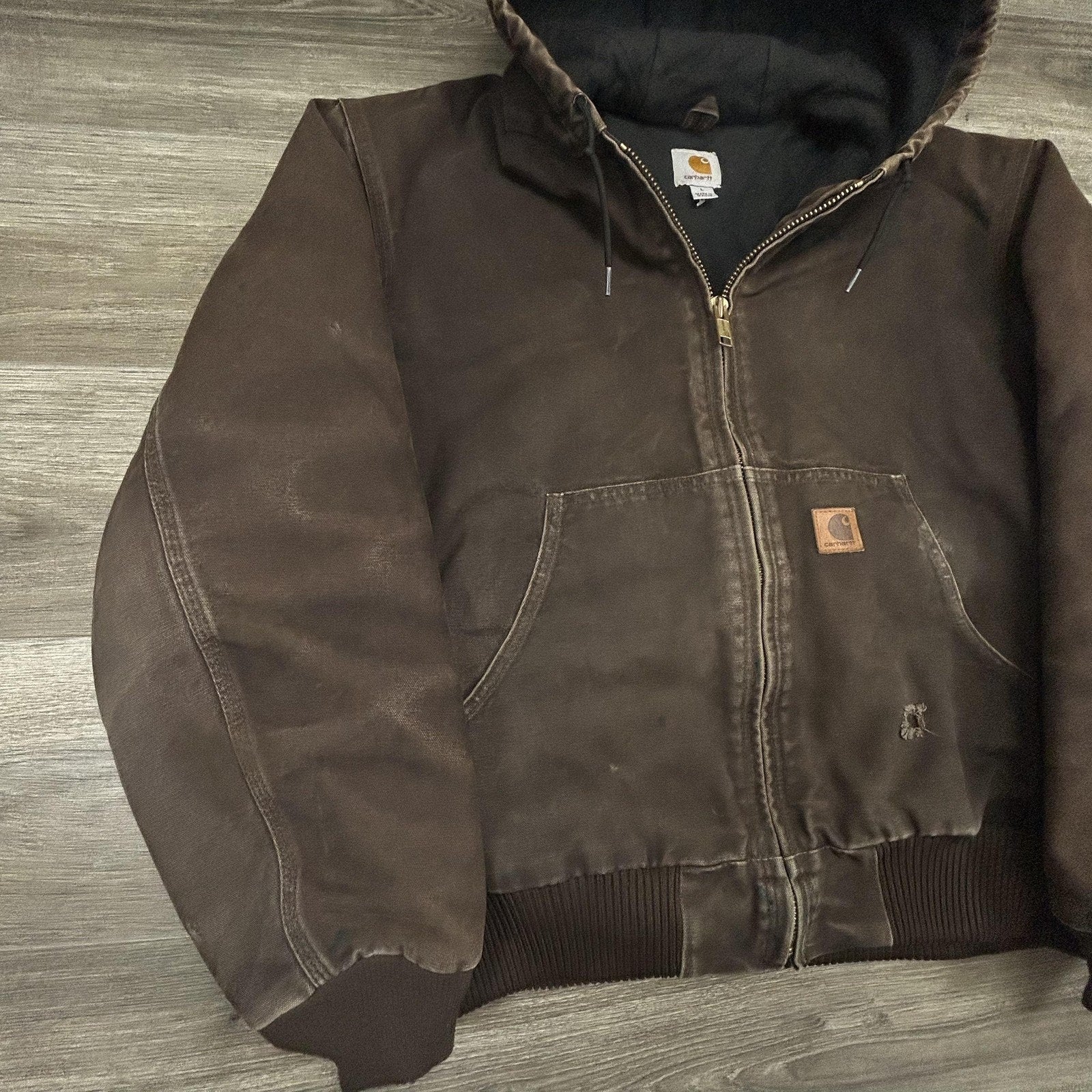 Vintage Carhartt Jacket Mens Large Brown Hooded Canvas Bomber Quilted J130 DKB