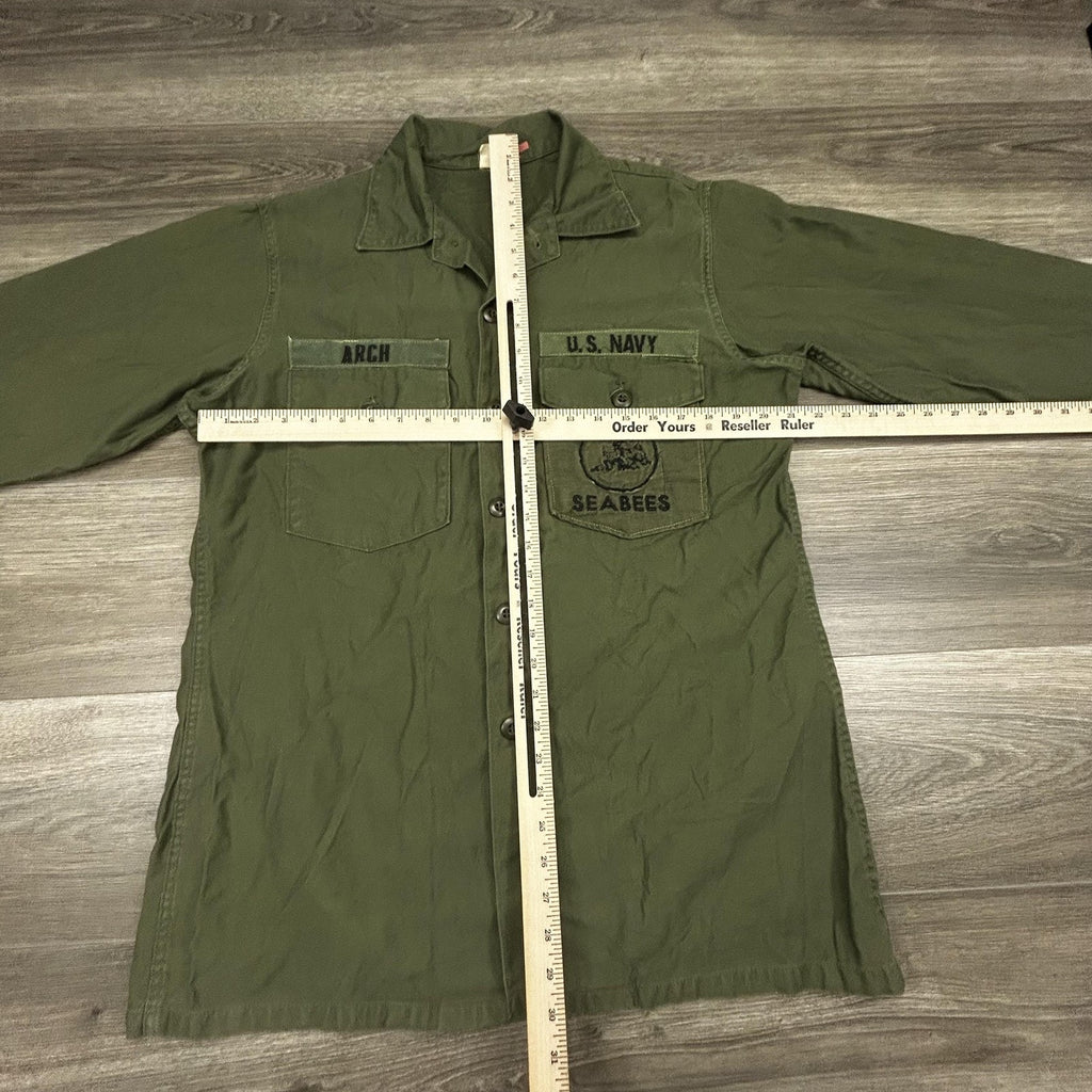 Vintage US Navy Vietnam Shirt Mens LT Green Utility OG-507 Military Seabees 70s