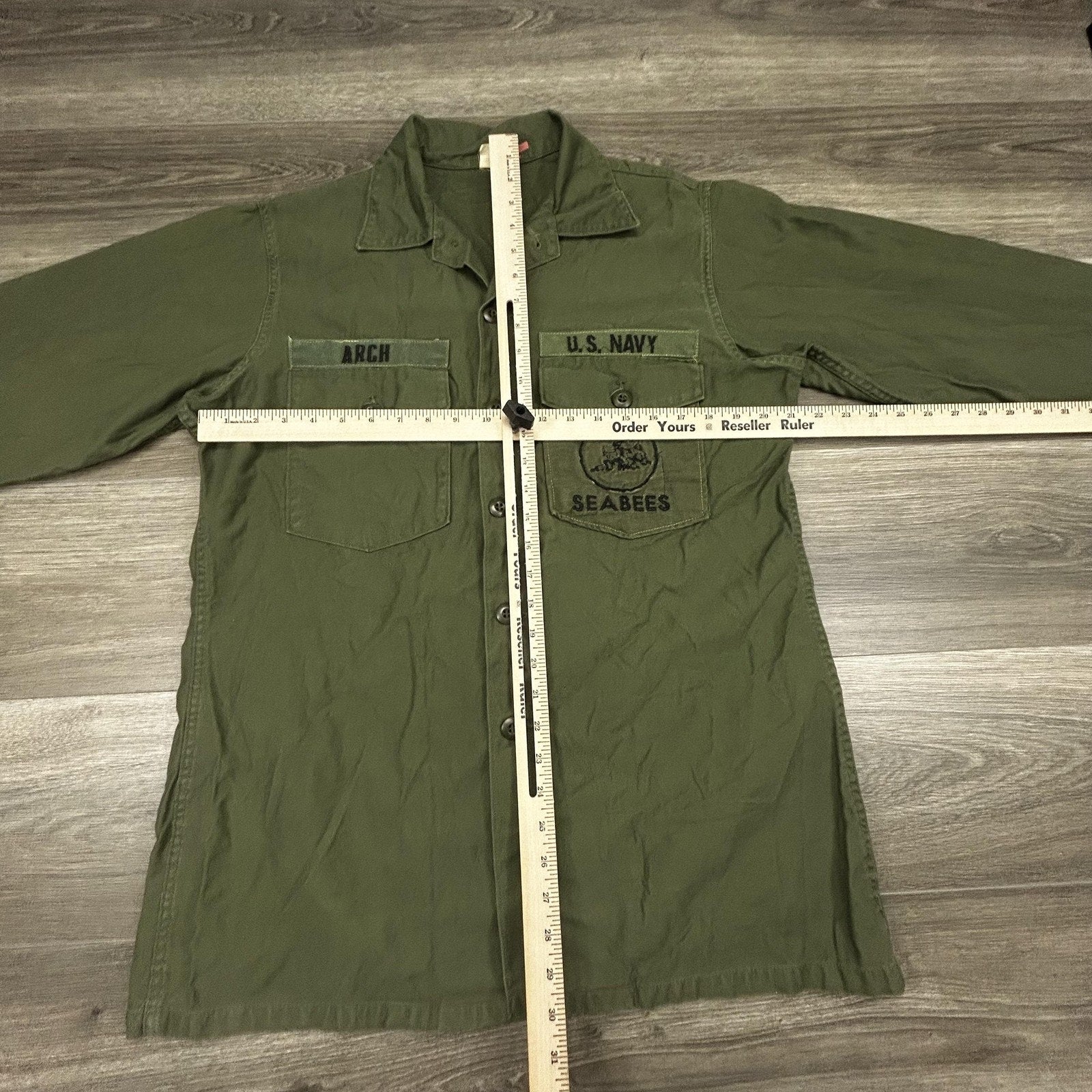 Vintage US Navy Vietnam Shirt Mens LT Green Utility OG-507 Military Seabees 70s