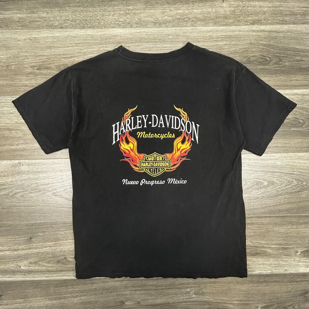 Vintage Harley Davidson Shirt Mens Medium Black Flames Mexico Biker 90s Faded