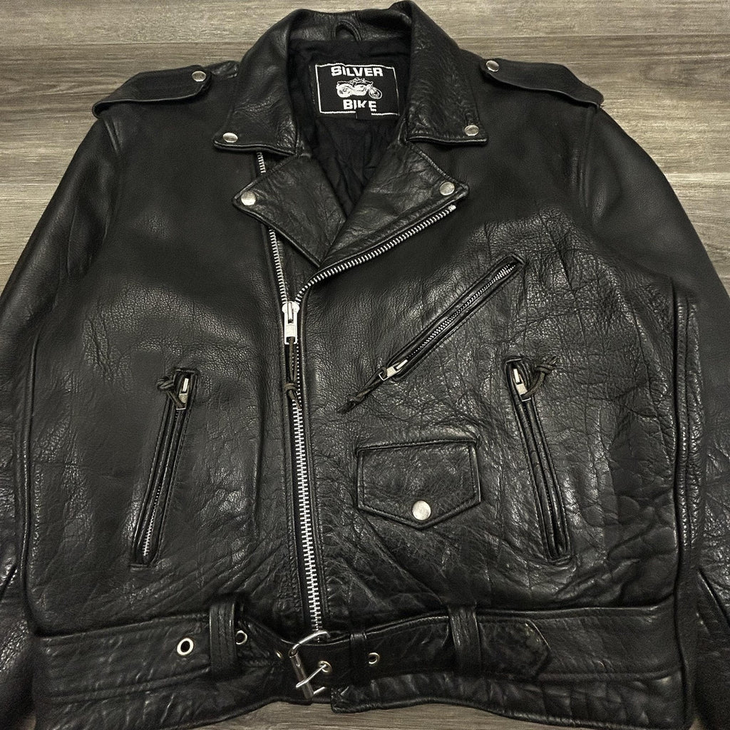 Vintage Leather Motorcycle Jacket Mens 44 Black Belted Zip Punk Grunge LA 90s