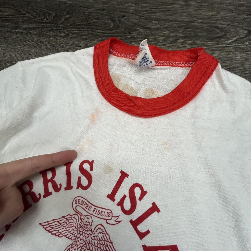 True Vintage 70s USMC Ringer Shirt Mens Medium White Parris Island Marines USA