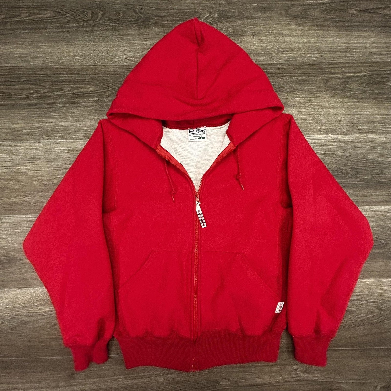 Vintage Kellsport Full Zip Hoodie Mens Small Red Knit Thermal Lined Waffle USA