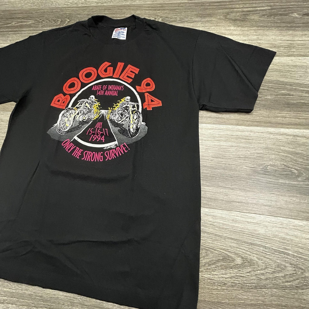 Vintage Biker Shirt Mens Large Black Harley Flames Skeleton Single Stitch 90s