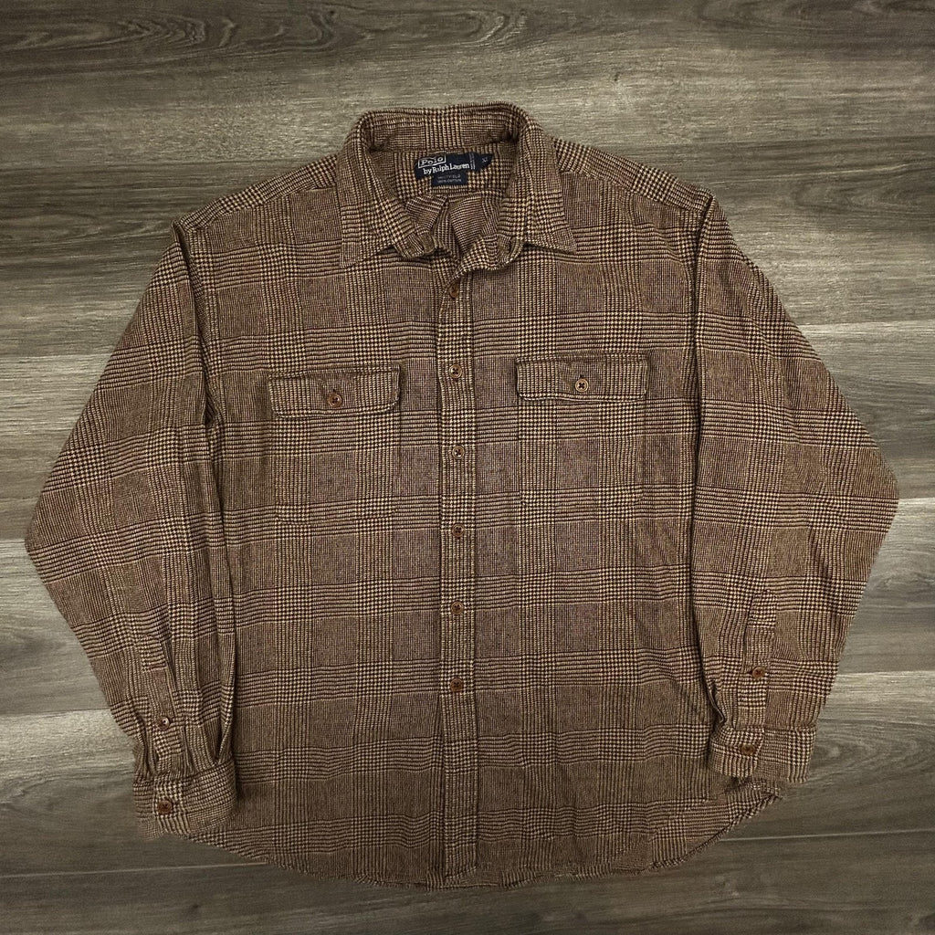 Vintage Polo Ralph Lauren Flannel Shirt Mens XL Brown Plaid Whitfield Preppy 90s