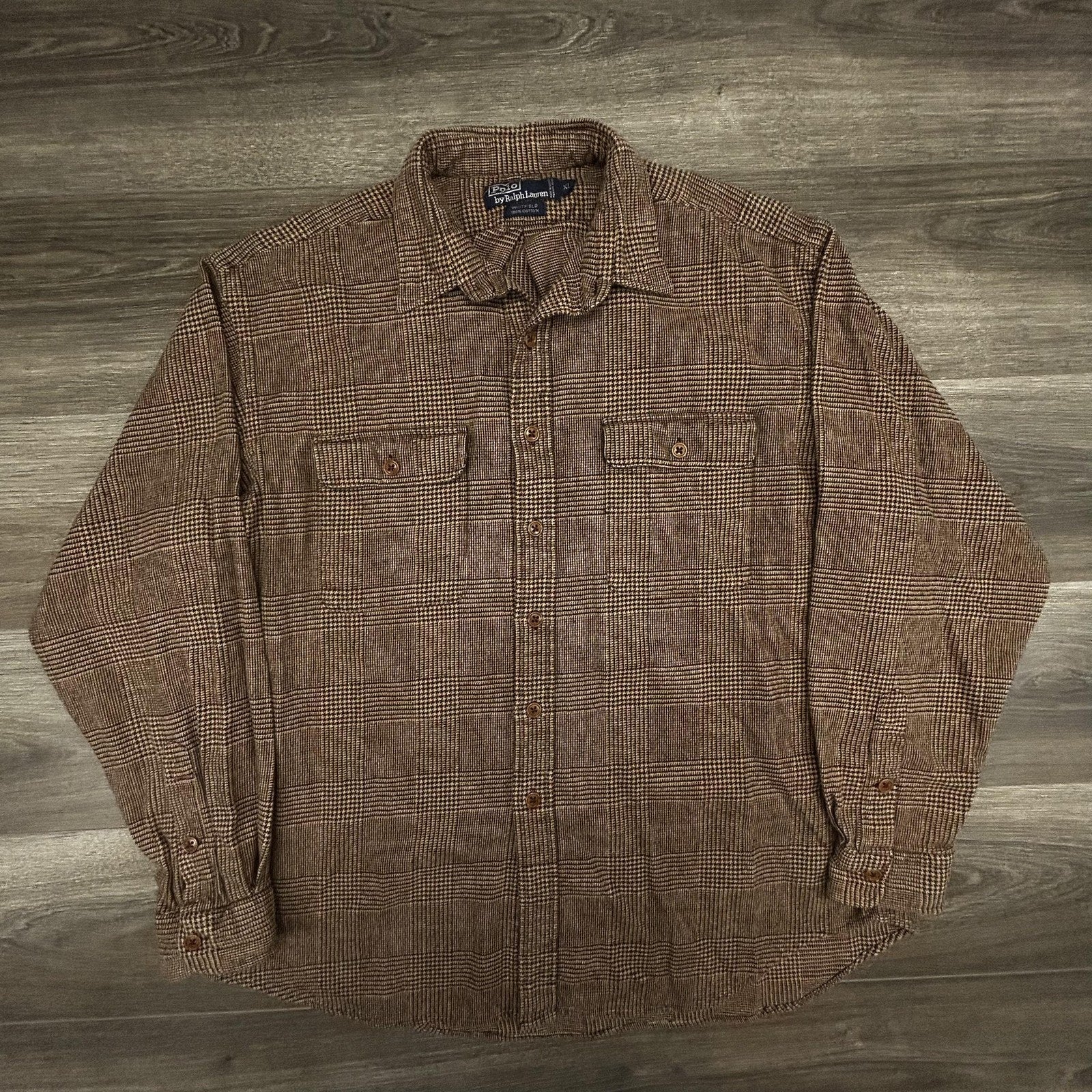 Vintage Polo Ralph Lauren Flannel Shirt Mens XL Brown Plaid Whitfield Preppy 90s