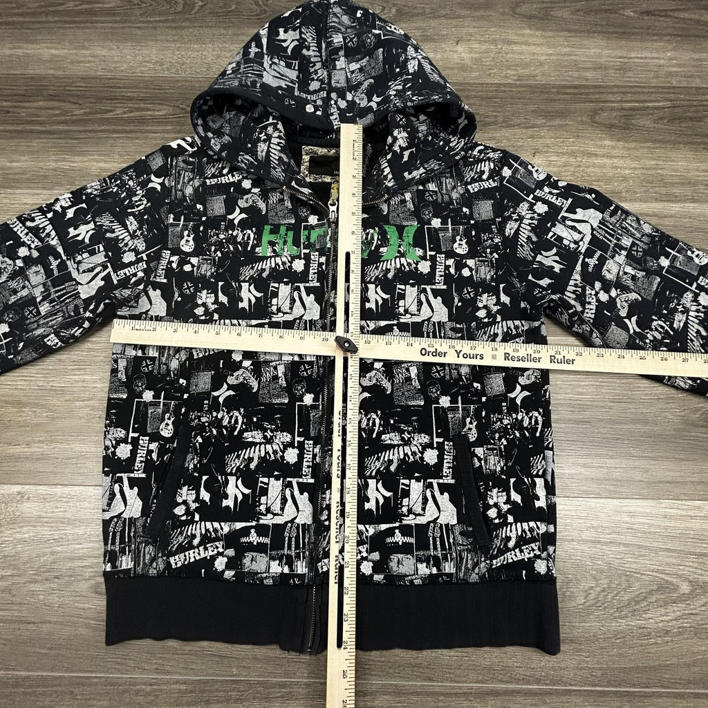 Vintage Hurley Hoodie Mens Large Black AOP Full Zip Music Rock Skate Surf Y2K
