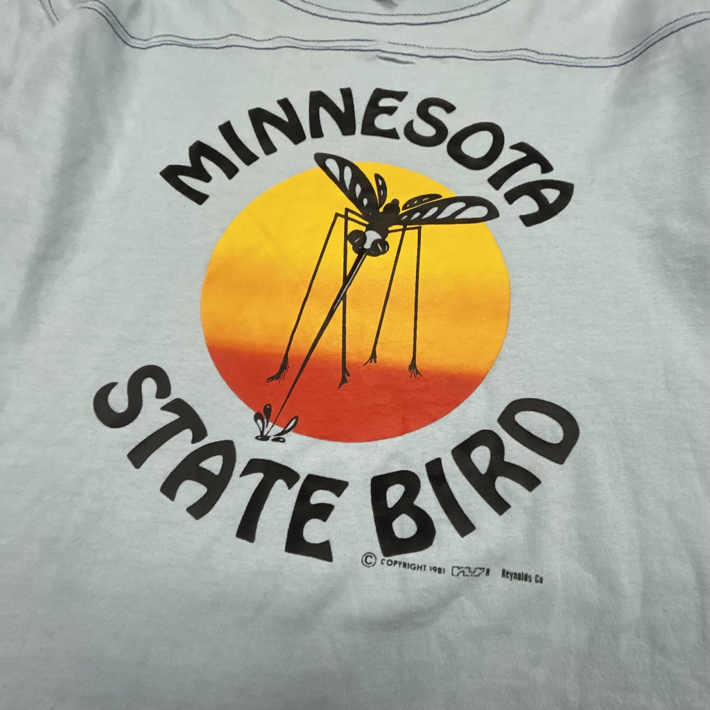True Vintage 70s Minnesota State Bird Mosquito Shirt Mens Medium Blue Faded Thin