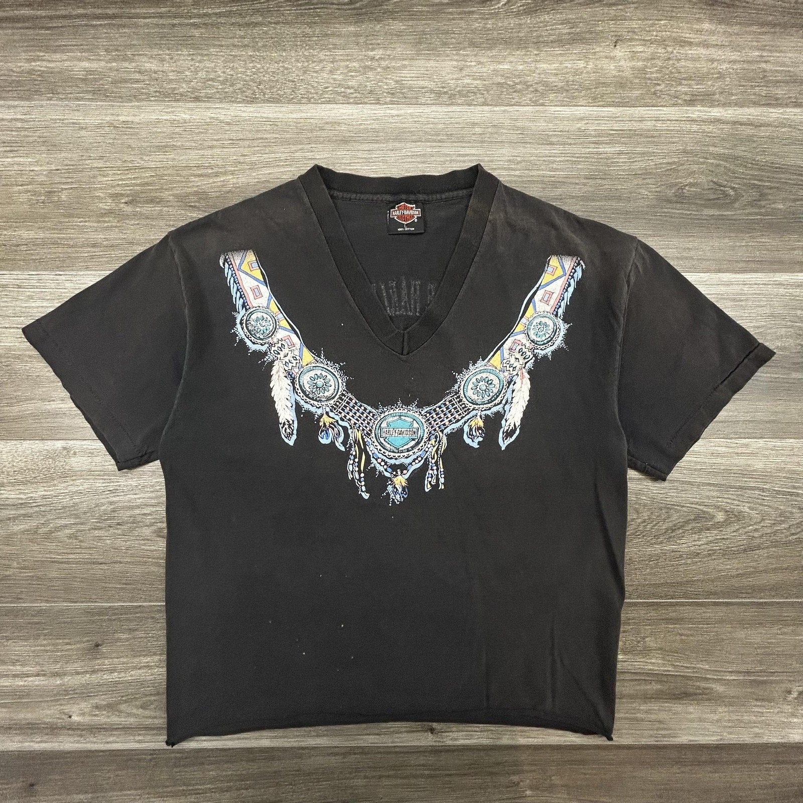 Vintage Harley Davidson Shirt Womens Large Black V-Neck Native 1993 Holoubek USA